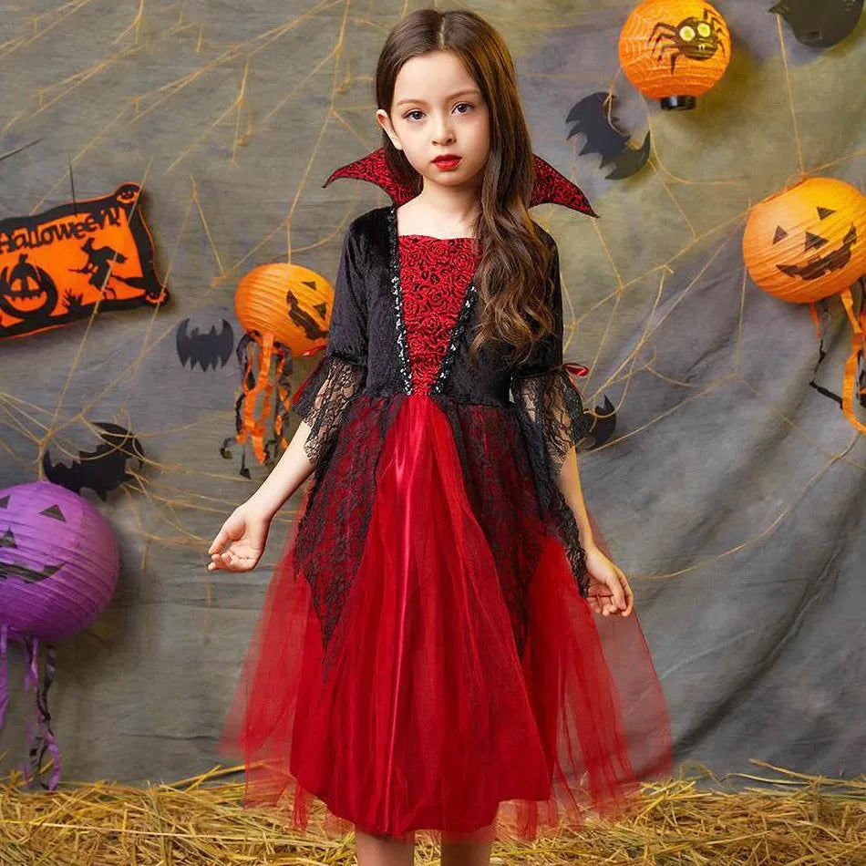 Vampire Costume for Girls Halloween Princess Party Dress Kids Cosplay Dresses Children Stand Collar Tulle Lace Black Red Clothes - Good Vibrations