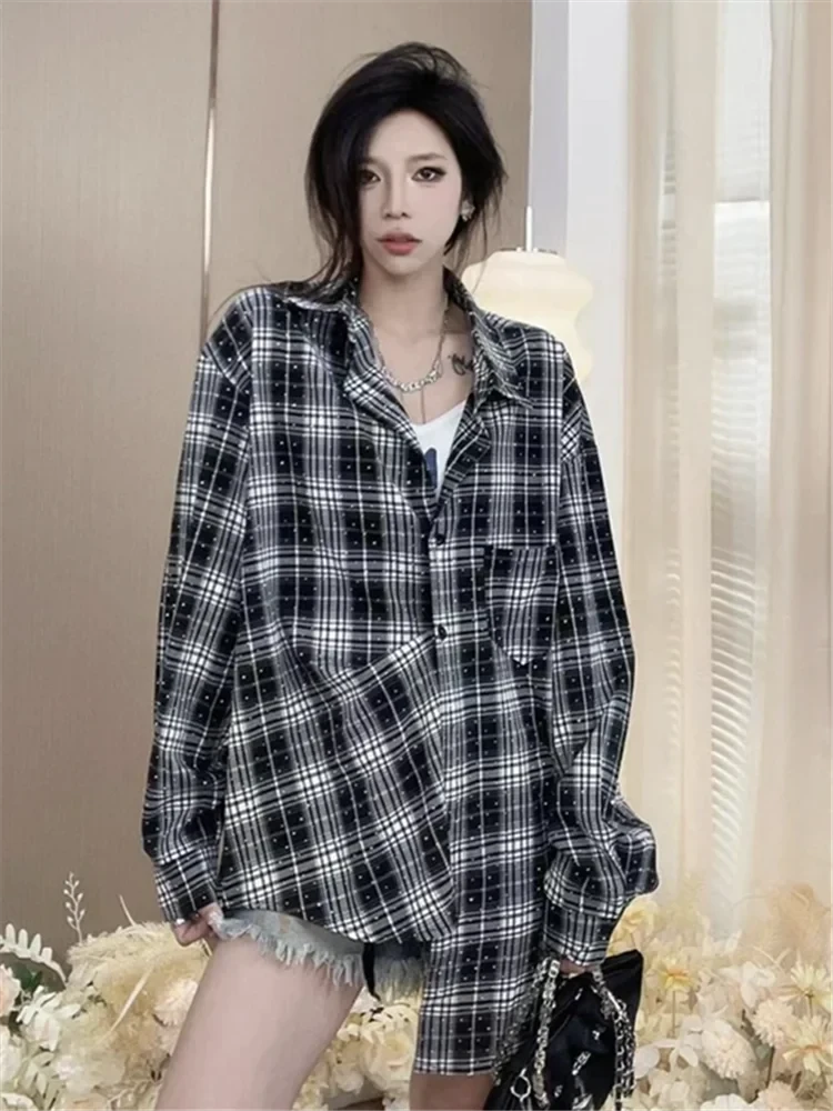 Sparking Korean Fully Hot Diamond Casual Fashion Loose Long Shirt Blouse Women's Autumn Versatile Long Sleeve Plaid Cardigan Top Good Vibrations