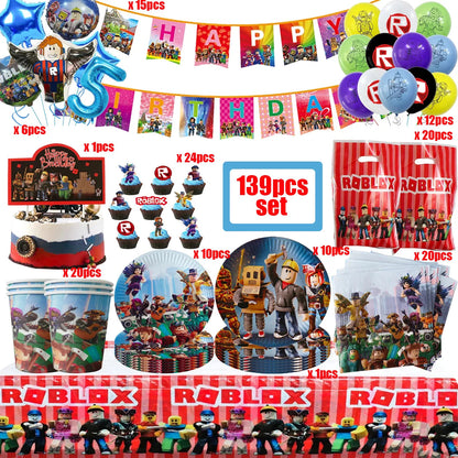 139PCS Roblox Birthday Decoration Party Kit Disposable Tableware Set Roblox Game Tablecloth Balloon Gift Bag Kids Party Supplies Good Vibrations