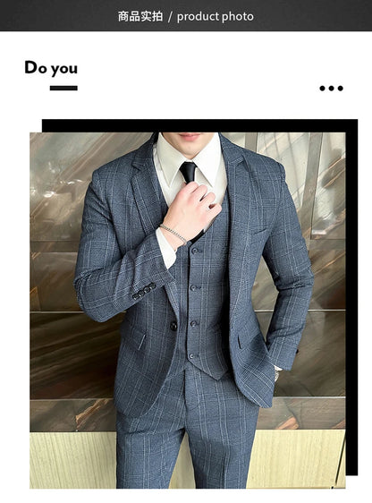 Quality Three-piece Suit Vest Trousers Set for Men Korean Fashion Slim Fit Business Casual Wedding Handsome Style