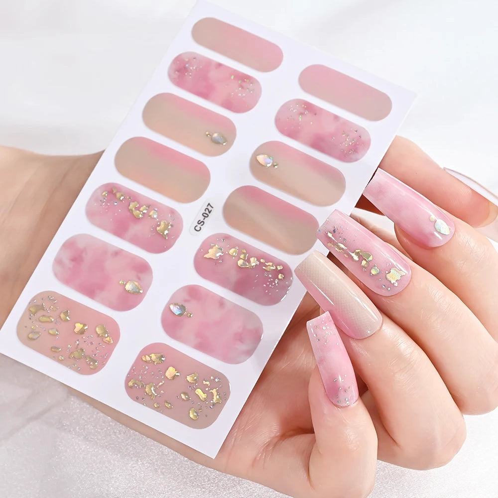 14Tip/Sheet Abalone Slice Nail Wrap Decals Baking Free Self Adhesive Nail Polish Sticker Long-Lasting Marble Gradient Nail Strip Good Vibrations