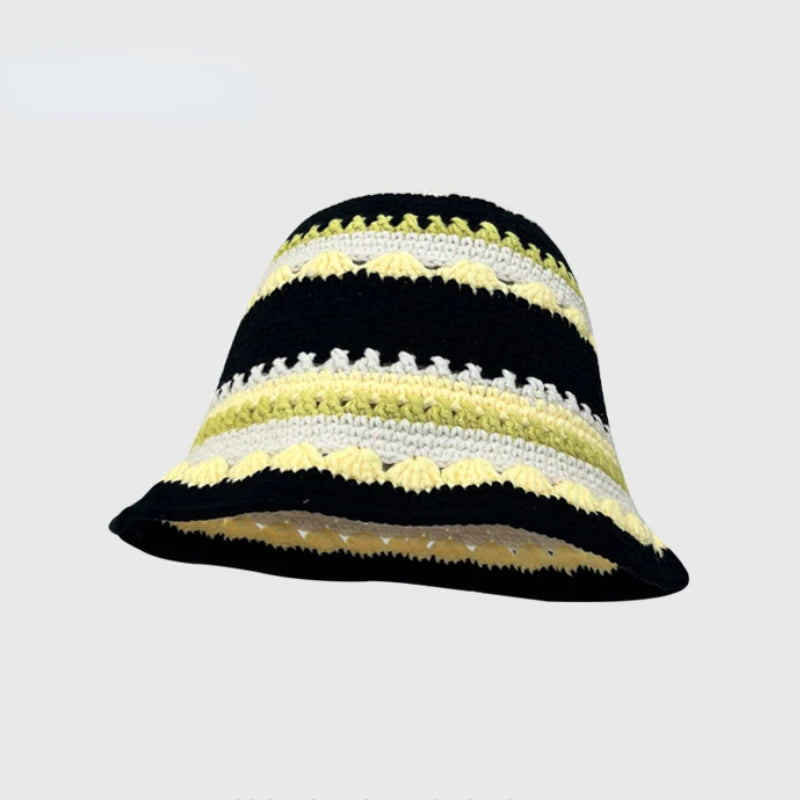2024 Spring New Crochet Hat Korean Handmade Bucket Hat Women's Weaving Knitted Hat Y2k Fashion Flowers Autumn Winter Ins Beanies Good Vibrations