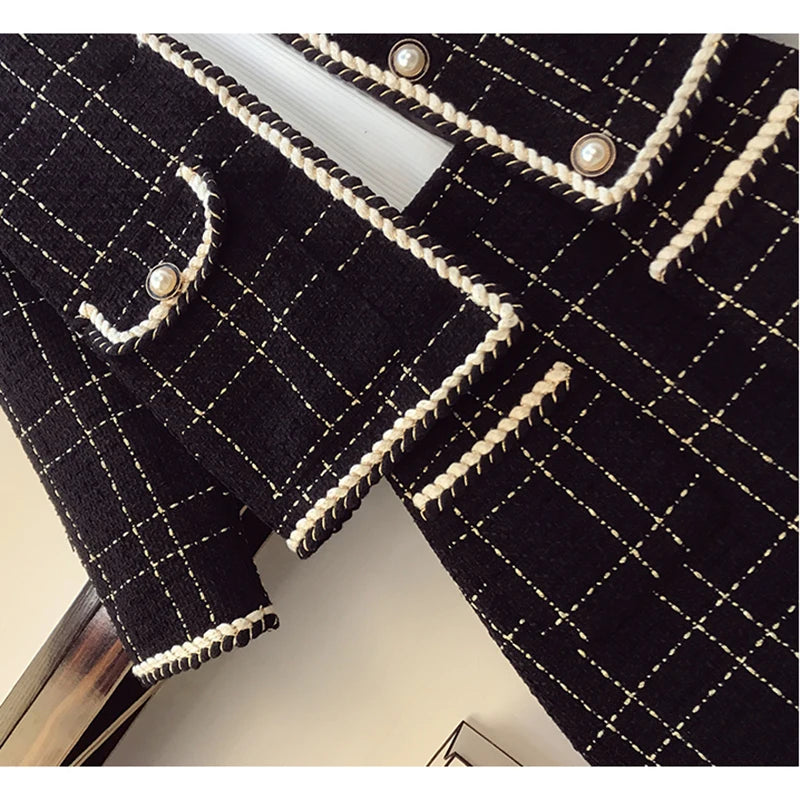 Women Fried Street Tweed Suit 2023 New Spring Autumn Wool Jacket + Skirt Female Fashion Loose Tweed Skirts Two-Piece Set Good Vibrations