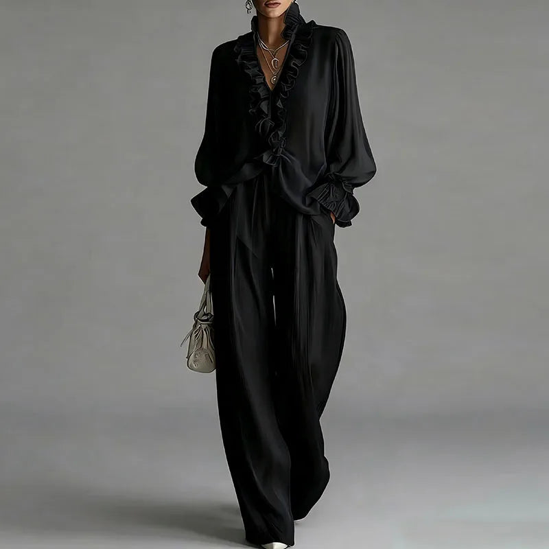 White Casual 2 Piece Outfit for Woman Sexy Ruffle V Neck Long Sleeve Blouse Wide Leg Pants Set Spring Summer Bohemian Suit Mujer Good Vibrations