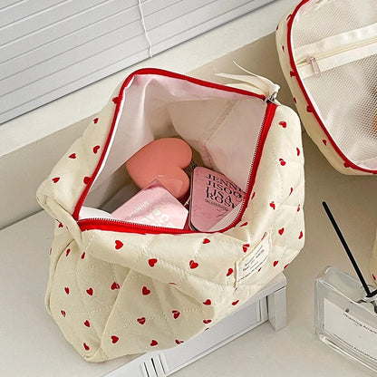 Ins Fashion Heart Women Quilted Makeup Bag Large Capacity Toiletry Cosmetic Storage Pouch Handbag Ladies Zipper Make Up Bag Good Vibrations