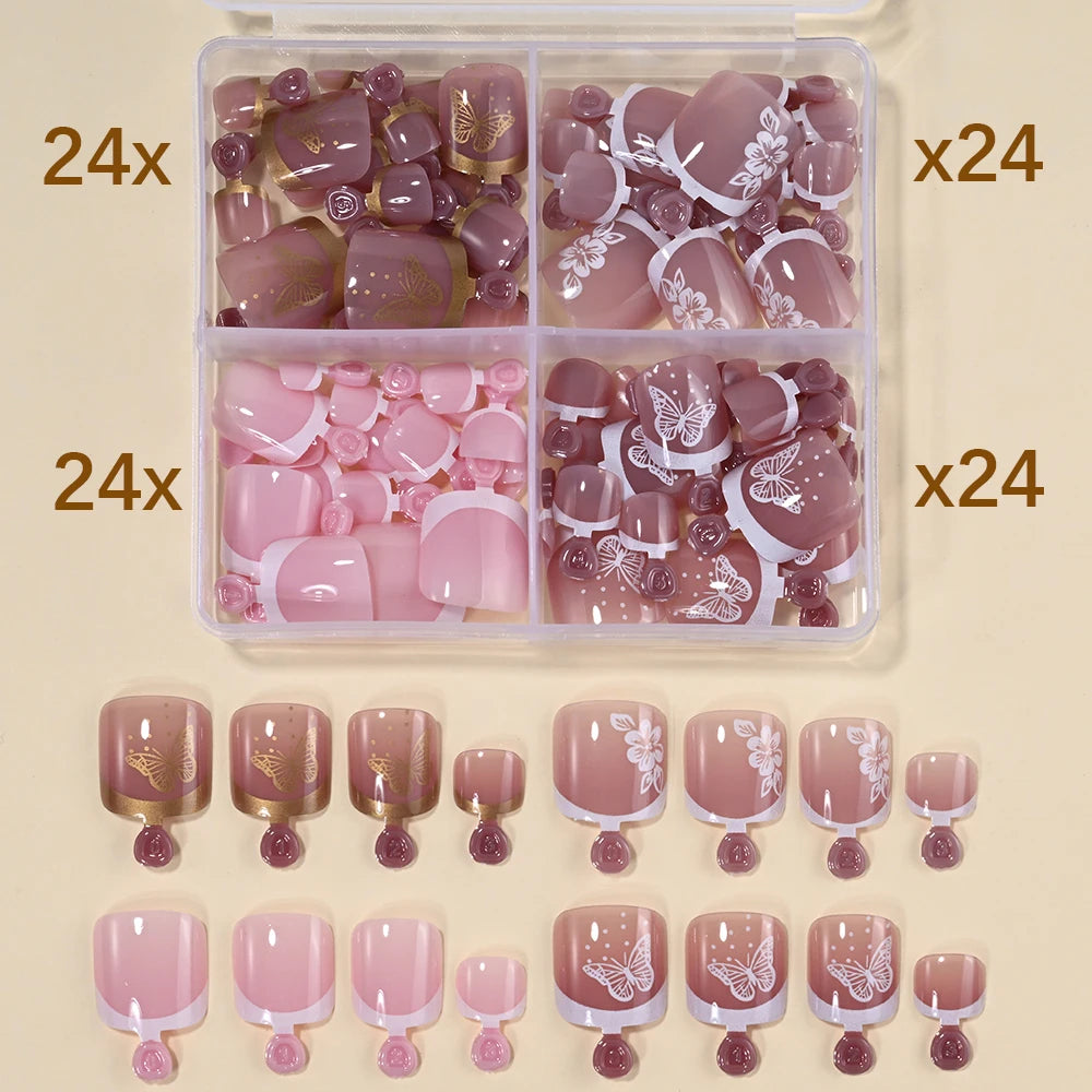 96Pcs/Box French Fake Toenails Butterfly/Flower Design Short Square  Press On Toenail Glossy Full Cover False Toe Nail Extension Good Vibrations