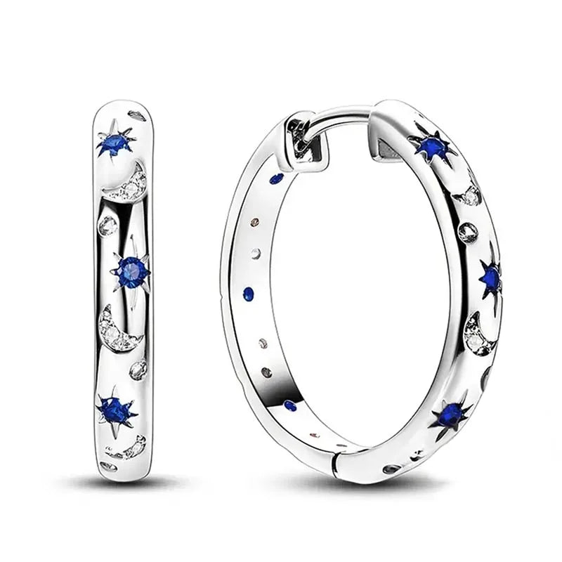 Huitan Chic Silver Color Circle Earrings for Women Delicate Star and Moon Jewelry Teen Girls Gift Shiny Zirconia Accessories Good Vibrations