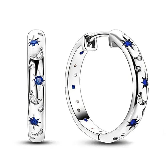 Huitan Chic Silver Color Circle Earrings for Women Delicate Star and Moon Jewelry Teen Girls Gift Shiny Zirconia Accessories Good Vibrations