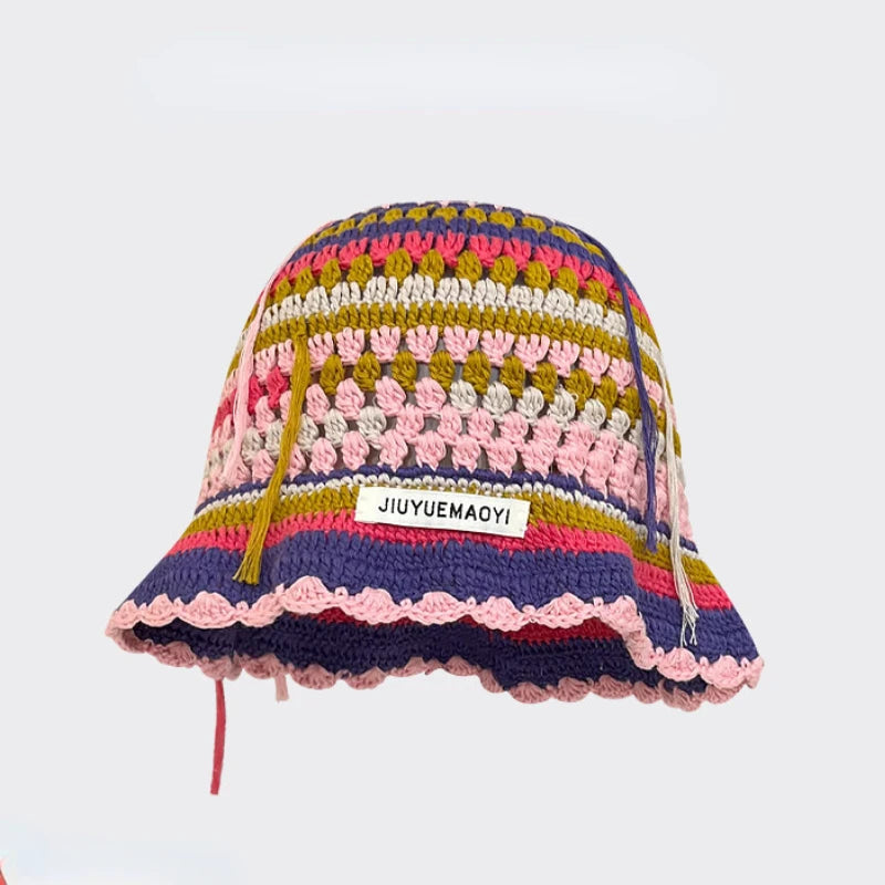 2024 Spring New Crochet Hat Korean Handmade Bucket Hat Women's Weaving Knitted Hat Y2k Fashion Flowers Autumn Winter Ins Beanies Good Vibrations