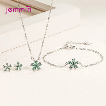 Charm 925 Sterling Silver Jewelry Sets Shiny Cherry Blossoms Cubic Zircon Necklace Earrings Bracelet for Women Girls Party Gift Good Vibrations