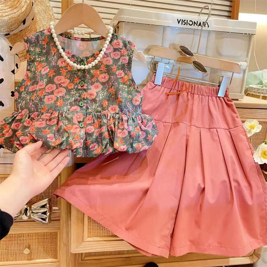 Girls Clothing Sets 2024 Summer New Children's Wear Ladies Style Fashion Floral Sleeveless Vest Top+wide Leg Skirt Pants 2-7Y Good Vibrations