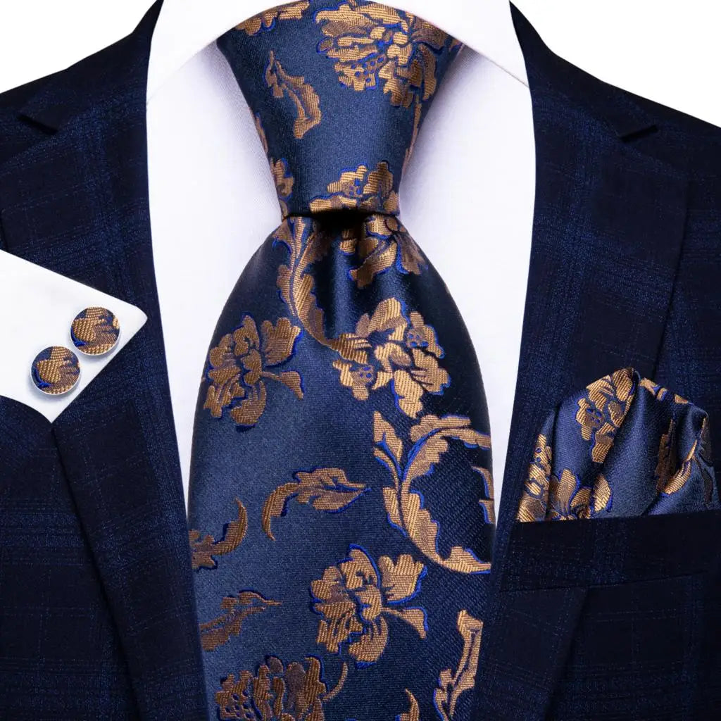 Hi-Tie Navy Blue Solid Paisley Silk Wedding Tie For Men Hanky Cufflink Mens Necktie Set Business Party New Design Dropshipping Good Vibrations