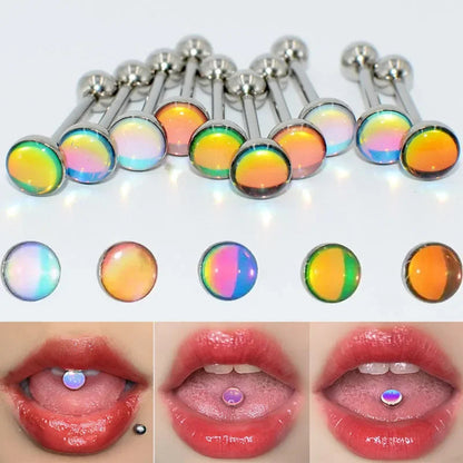 Stainless Steel Tongue Piercing Rings 14G Oil Luminescence Pink Blue Tongue Stud Studs Earrings BCR Piercings Body Jewelry Gifts Good Vibrations