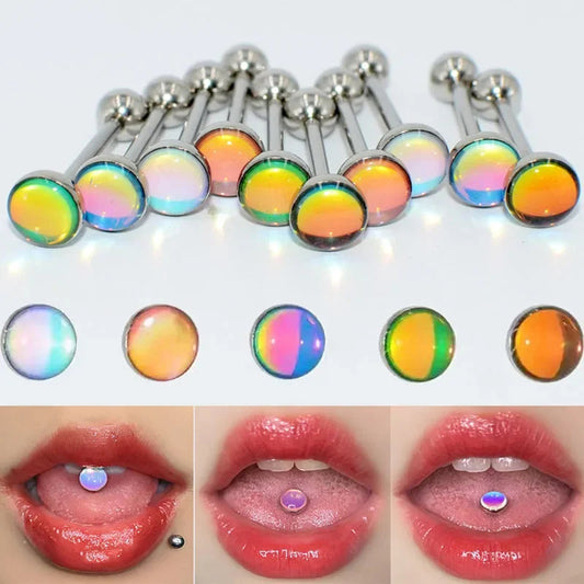 Stainless Steel Tongue Piercing Rings 14G Oil Luminescence Pink Blue Tongue Stud Studs Earrings BCR Piercings Body Jewelry Gifts Good Vibrations