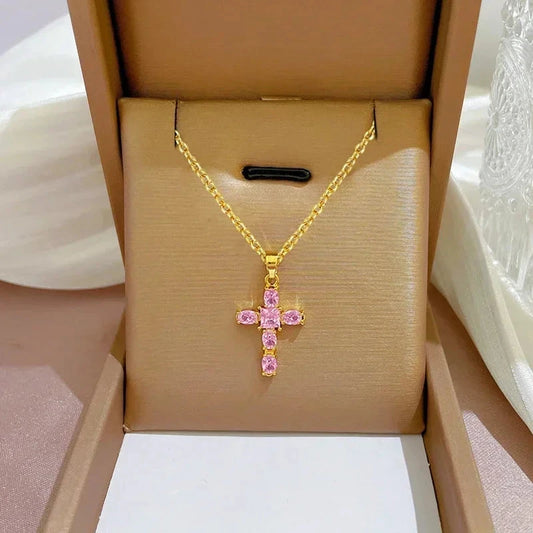 Luxury Cross Necklace for Women White/Black/Pink Cubic Zirconia Pendant Trendy Female Wedding Accessories Fashion Jewelry Good Vibrations