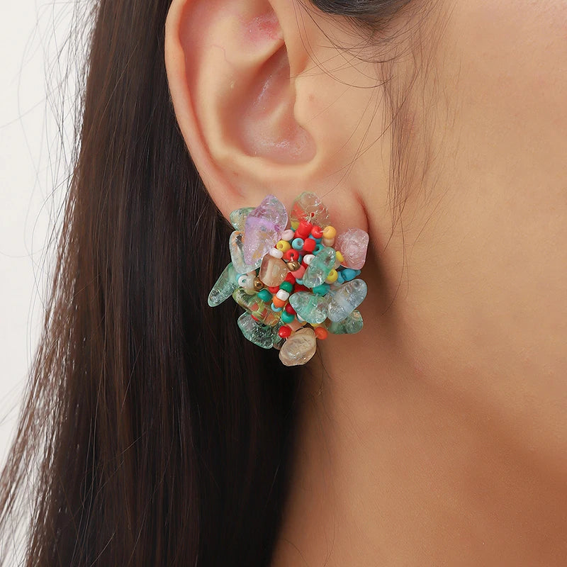 Creative Design Colorful Turquoise Clip on Earrings Non Pierced for Women Fashion Round Handmade Bohemia Party Jewelry Gift Good Vibrations