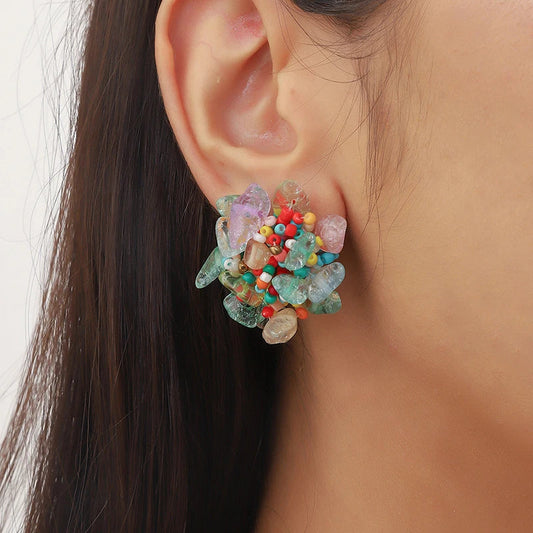 Creative Design Colorful Turquoise Clip on Earrings Non Pierced for Women Fashion Round Handmade Bohemia Party Jewelry Gift Good Vibrations