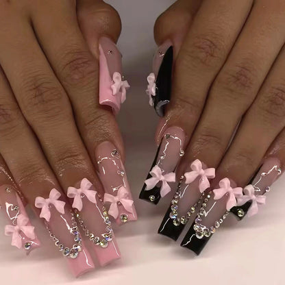 24PCS- Long coffin shaped fake nails, pink three-dimensional butterfly, pink flower decoration, suitable for dating, dinner Good Vibrations