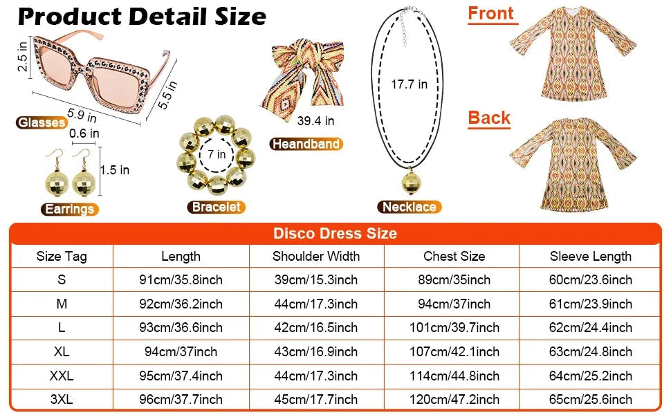Disfraz 70s Women Disco Dress Hippie Costumes Necklace Earrings Glasses, 60's 70's Birthday Outfits, 1970s Prom Bling Dress Good Vibrations