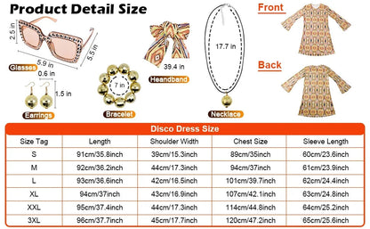 Disfraz 70s Women Disco Dress Hippie Costumes Necklace Earrings Glasses, 60's 70's Birthday Outfits, 1970s Prom Bling Dress Good Vibrations