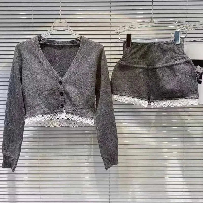 2024 Autumn Casual Slim Knitted Sport Suits Women Hot Girl Lace V Neck Cardigan + Sexy High Waist Shorts Solid 2 Piece Set New GOOD Vibrations