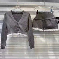 2024 Autumn Casual Slim Knitted Sport Suits Women Hot Girl Lace V Neck Cardigan + Sexy High Waist Shorts Solid 2 Piece Set New GOOD Vibrations