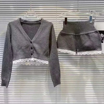 2024 autumn casual slim knitted sport suit, women's lace V-neck cardigan with high waist shorts, solid set.