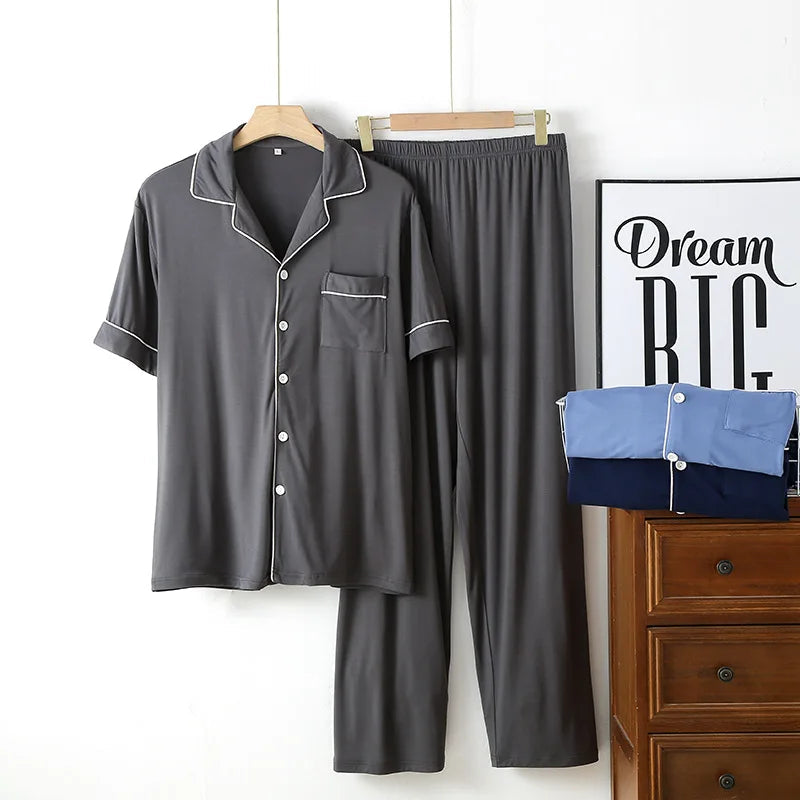 Simple Solid Color Bamboo Men's Pajamas Spring and Summer Short-sleeved Trousers Loose and Wearable Loungewear Suit Good Vibrations