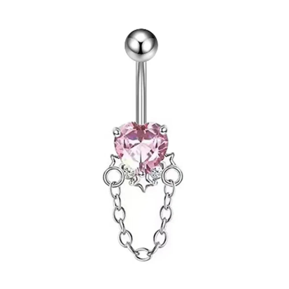 Fashion Pink Crystal Crown Belly Button Rings Stainless Steel Long Pendant Butterfly Heart Navel Piercing for Women Jewelry Good Vibrations Adult Super Store