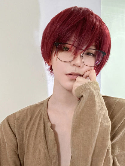 8Inch Wine Red Color Handsome Synthetic Wigs With Bang Short Straight Hair Wig For Man or Women Daily Use Cosplay Heat Resistant Good Vibrations