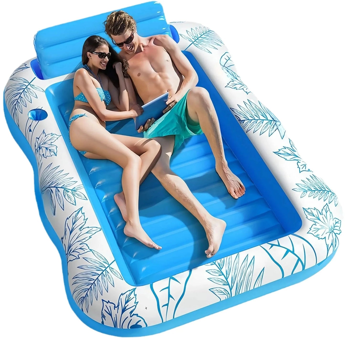Inflatable Adult Pool Lounger Float - Large Beach Sun Tanning Floaty Raft Sunbathing Water Lounge Floaties Tub with Drink Holder Good Vibrations