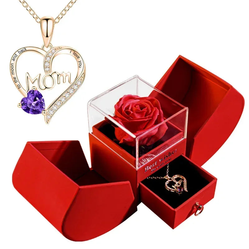 Gift for Women Eternal Rose Gift Box /w Heart Necklace I Love You To The Moon and Back Flower Jewelry Box for Wedding Birthday Good Vibrations