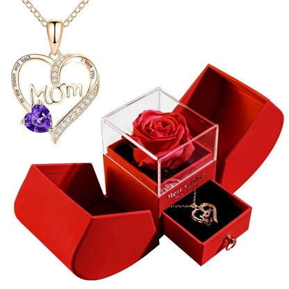 Gift for Women Eternal Rose Gift Box /w Heart Necklace I Love You To The Moon and Back Flower Jewelry Box for Wedding Birthday Good Vibrations