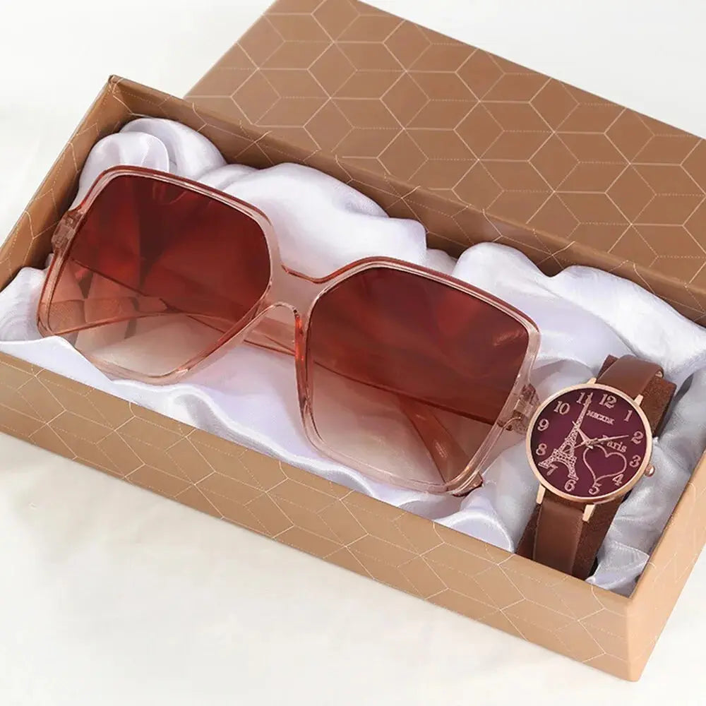 Fashion Watch Glasses Set Casual Leather Belt Watches Women Simple Sunglasses Ladies Iron Tower Dial Quartz Wristwatches Dress C Good Vibrations