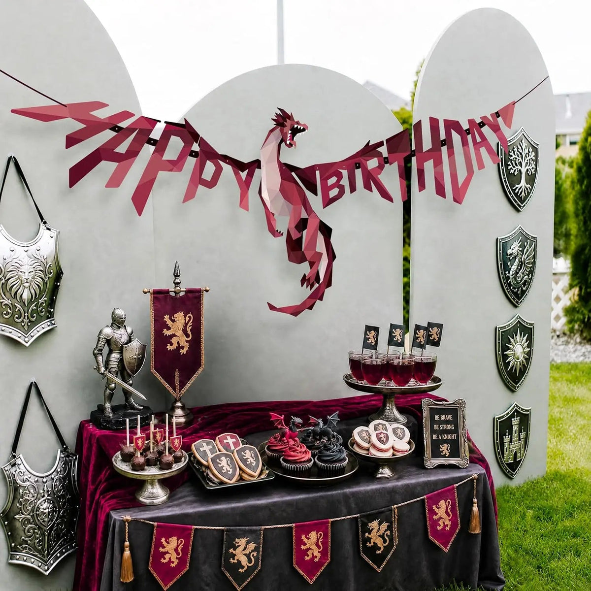 Dragon Party Decor Medieval Dragon Hanging Happy Birthday Banner Fire Wings Garland Geometric Fantasy Castle Streamer Decoration Good Vibrations