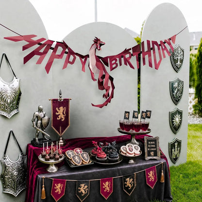 Dragon Party Decor Medieval Dragon Hanging Happy Birthday Banner Fire Wings Garland Geometric Fantasy Castle Streamer Decoration Good Vibrations