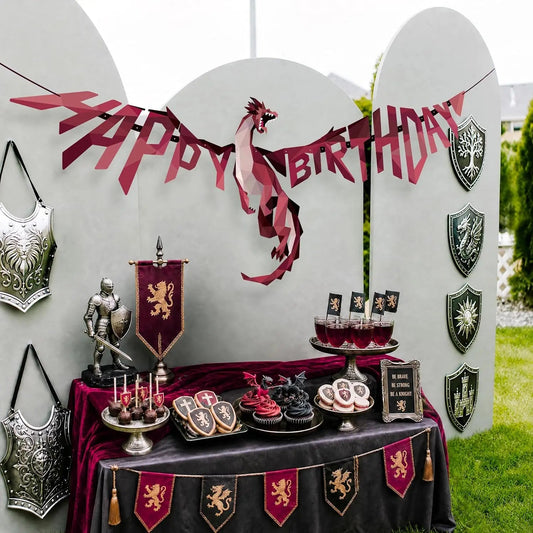 Dragon Party Decor Medieval Dragon Hanging Happy Birthday Banner Fire Wings Garland Geometric Fantasy Castle Streamer Decoration Good Vibrations
