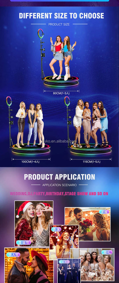 360 Photo Booth Machine 80-100cm with RGB Ring Light, Free Logo, rotating 360 Video Photo Booth for 1-5 People with Flight Case Good Vibrations
