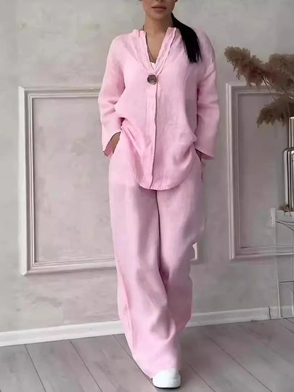 Muslim Sets Women 2 Piece Suit Shirt Wide Leg Pants Outfits 2025 Ensemble Button Lace Up Elastic Waist Blouse Straight Trousers Good Vibrations
