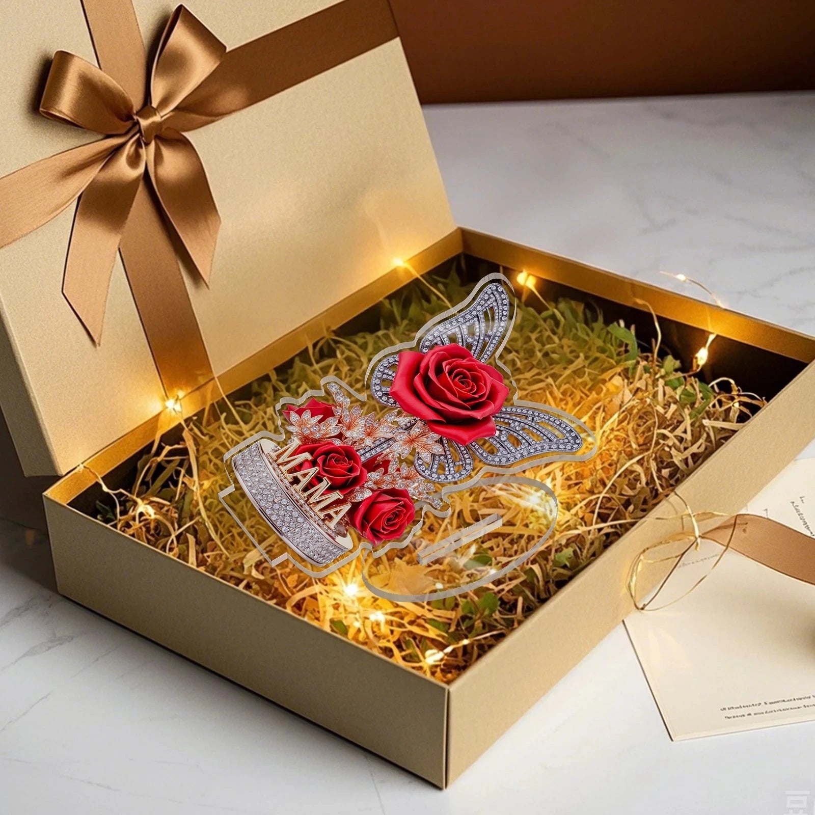 A gift for mom: An eternal souvenir, an acrylic display stand decorated with roses and butterflies. A beautiful gift Good Vibrations