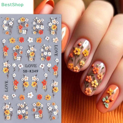 ★★★Colorful 5D Flower Embossed Nail Stickers Fresh Floral Designs Five-Petal Flower Self-Adhesive DIY Nail Art Decals