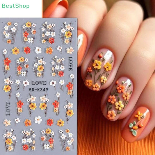 ★★★Colorful 5D Flower Embossed Nail Stickers Fresh Floral Designs Five-Petal Flower Self-Adhesive DIY Nail Art Decals Good Vibrations