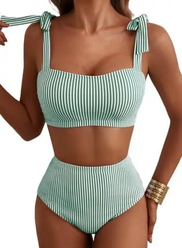 Women Two-piece Halter Vest Swimwear Sexy Striped Ruffle High Waisted Bikinis Set Female Bathing Suit Tie Strap Beachwear Good Vibrations