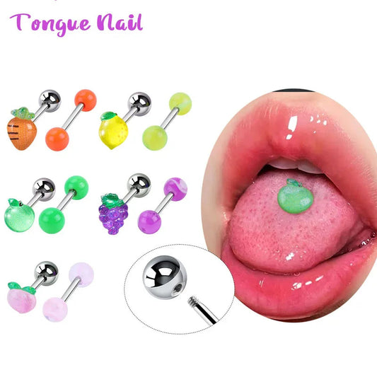5Pcs Fruit Tongue Stud Piercing Jewelry 316L Stainless Steel Candy Color Sweet Tongue Ring Tongue Decoration Wholesale Good Vibrations