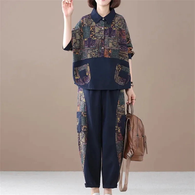 Women Suit Spring and Autumn New Korean Printed Two-piece Set Female Fashionable Casual Cotton And linen Outfit Femme 2PCS ﻿ Good Vibrations