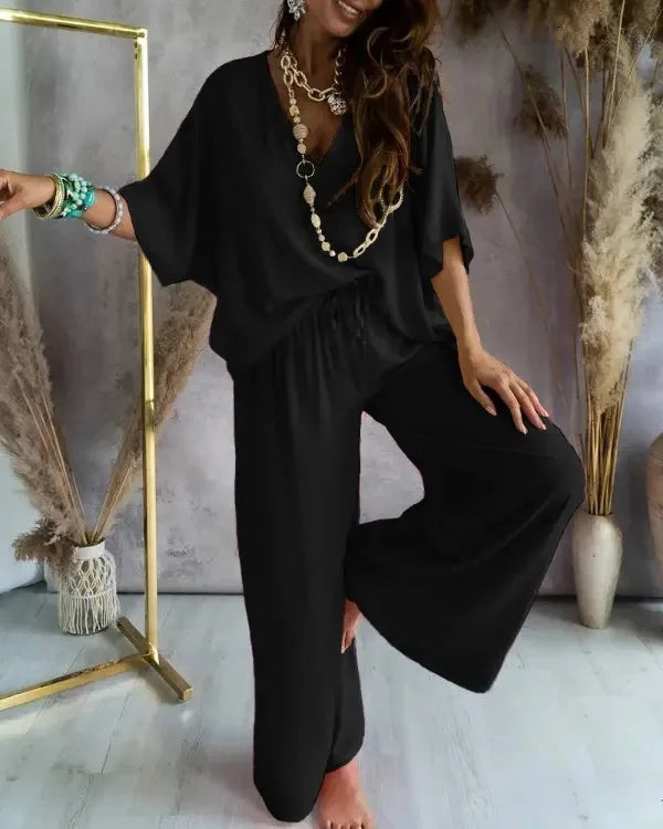 Summer White Two Piece Set For Women V Neck Bat Sleeve Top Casual Loose Lace Up Wide-leg Pants 2 Piece Suit Home Outfits Women's Good Vibrations
