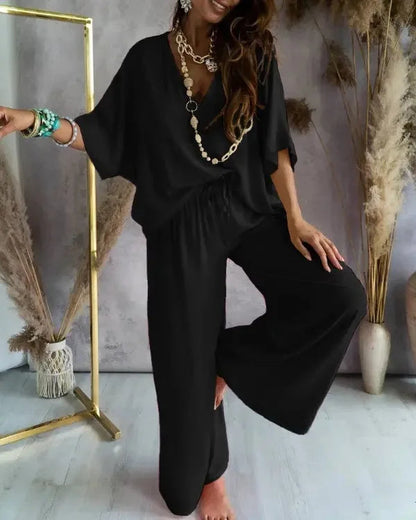 Summer White Two Piece Set For Women V Neck Bat Sleeve Top Casual Loose Lace Up Wide-leg Pants 2 Piece Suit Home Outfits Women's Good Vibrations