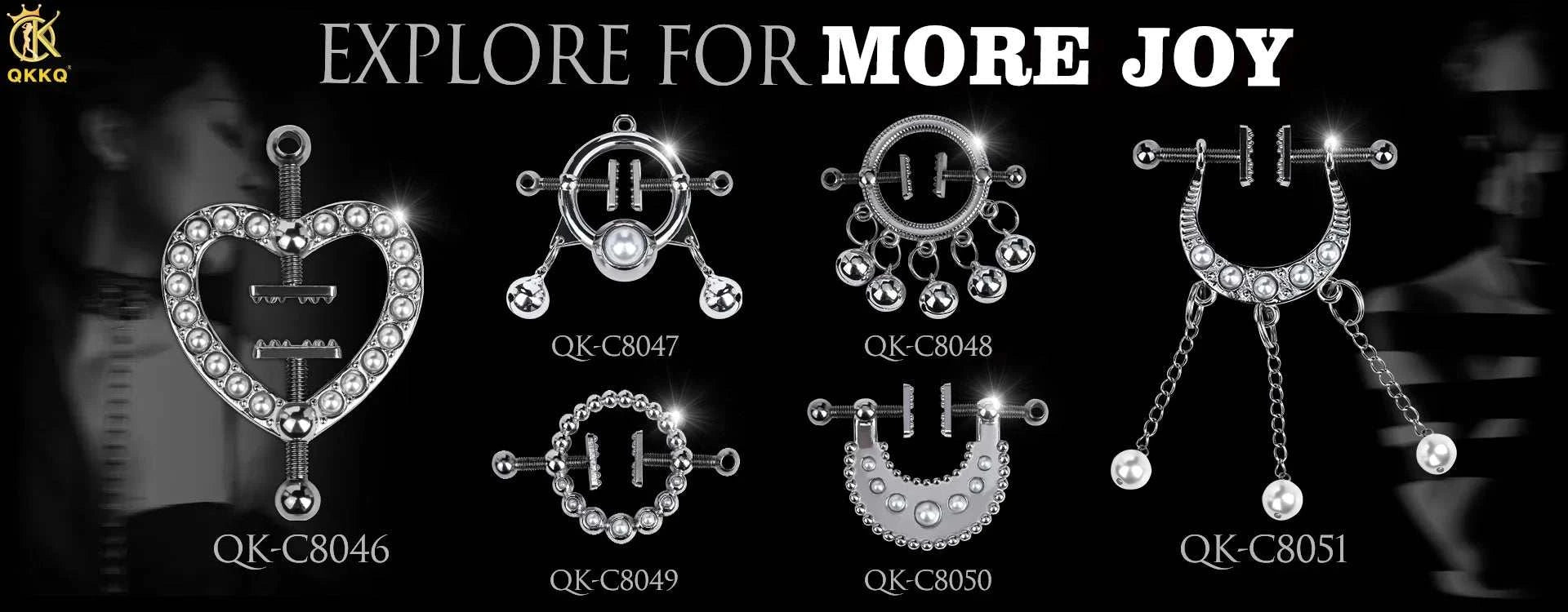 QKKQ metal nipple clamps with chain, ergonomic design for women and couples, stainless steel.