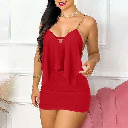 Womens Dresses Summer Fashion Floral Print Asymmetrical Chain Strap Sexy Backless V-Neck Sleeveless Bodycon Mini Dress Sets 2025 Good Vibrations