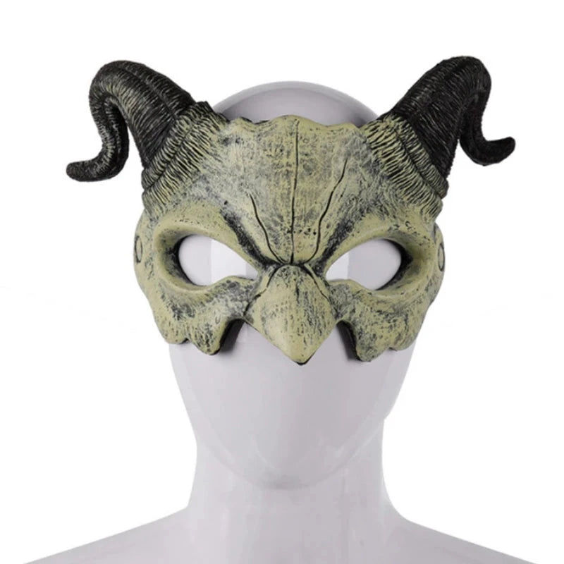 Halloween Demon Mask Horns Devil Half Face Mask Party Cosplay Horror Monster Masquerade Scary Haunted House Props PU Mask Decor Good Vibrations